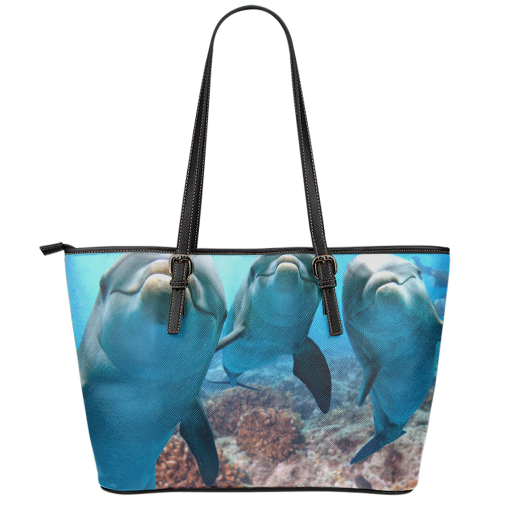 Cute Dolphins In The Ocean Print Leather Tote Bag