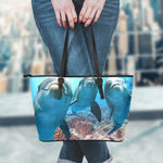 Cute Dolphins In The Ocean Print Leather Tote Bag