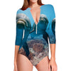 Cute Dolphins In The Ocean Print Long Sleeve Swimsuit