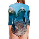 Cute Dolphins In The Ocean Print Long Sleeve Swimsuit