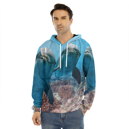 Cute Dolphins In The Ocean Print Men's Velvet Pullover Hoodie