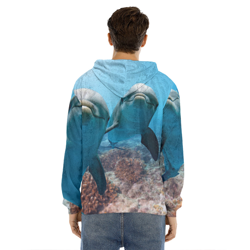 Cute Dolphins In The Ocean Print Men's Velvet Pullover Hoodie