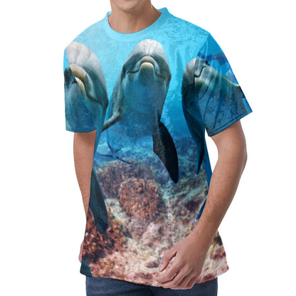Cute Dolphins In The Ocean Print Men's Velvet T-Shirt