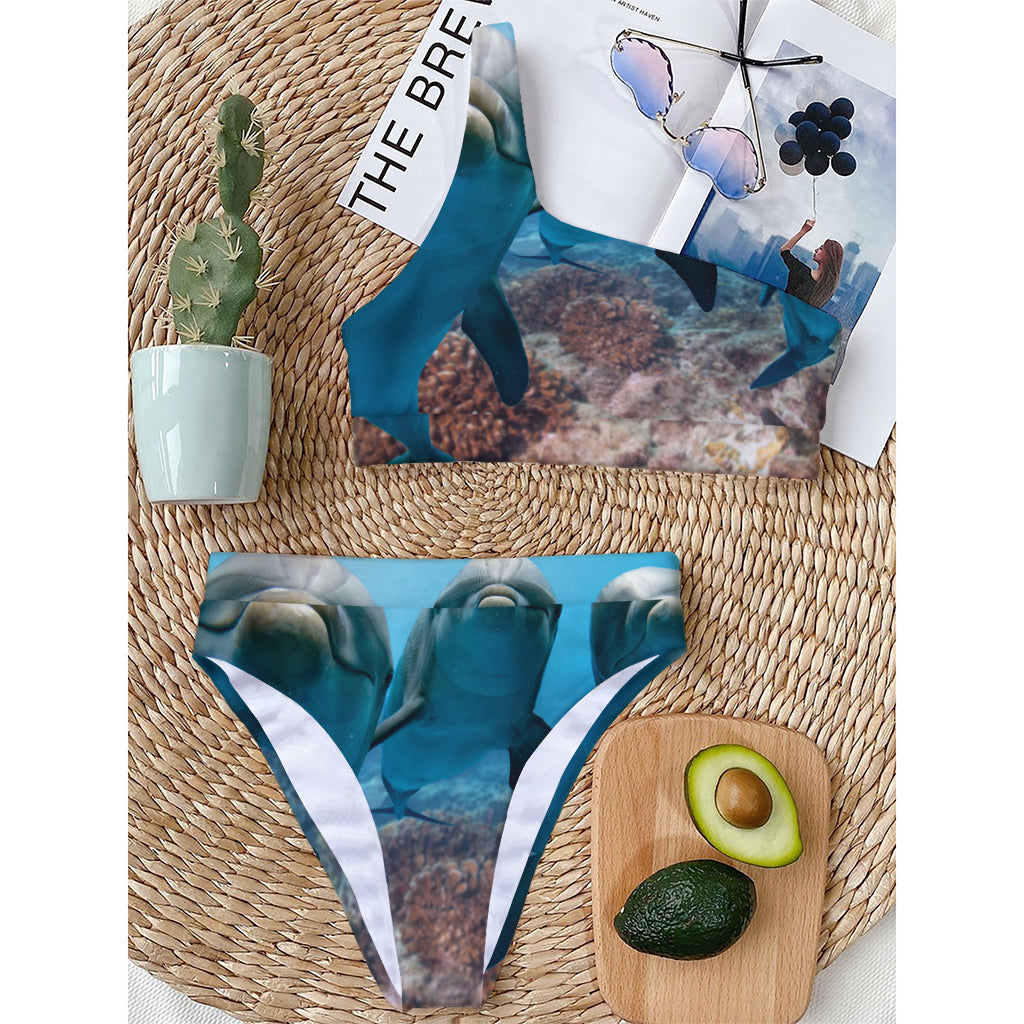 Cute Dolphins In The Ocean Print One Shoulder Bikini Top