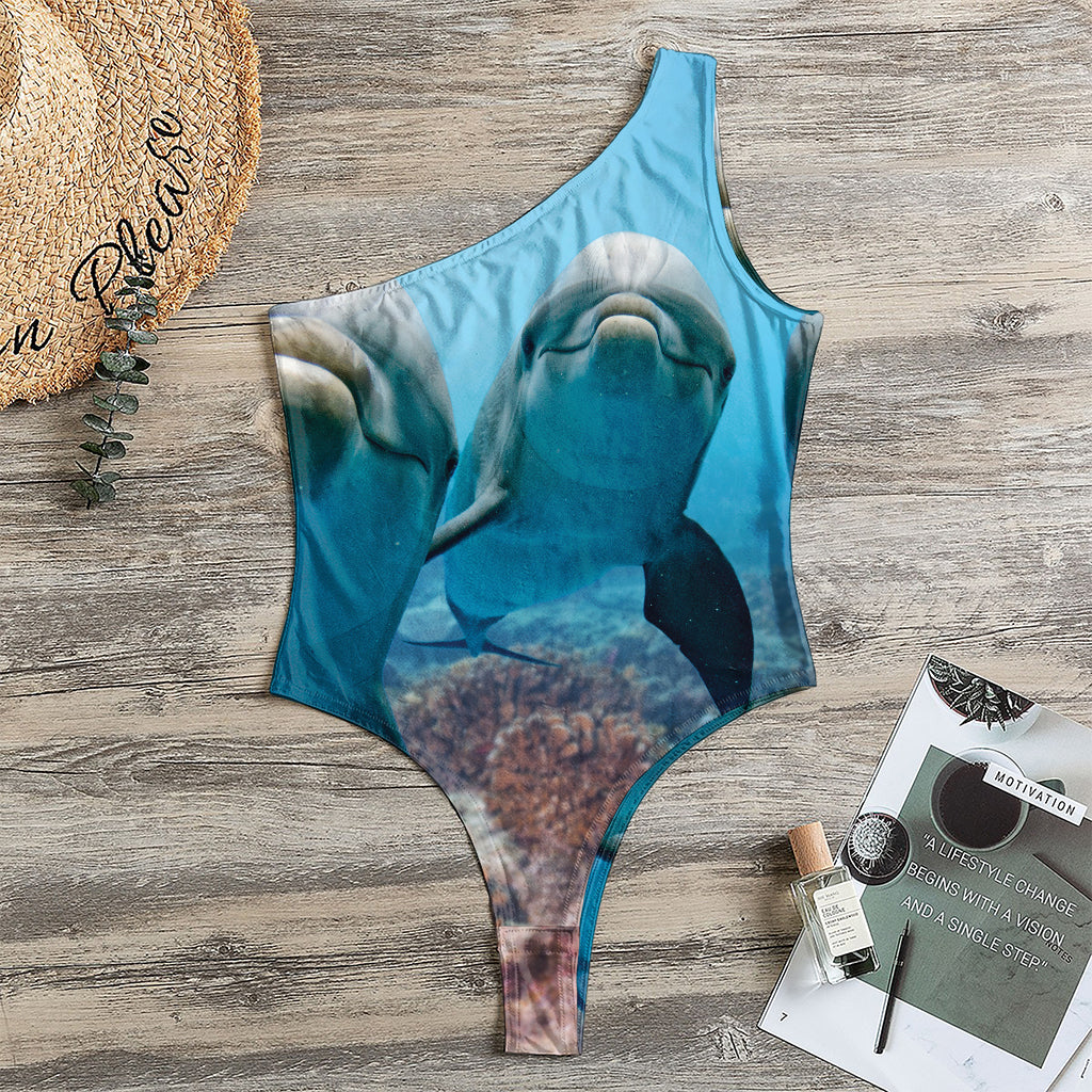 Cute Dolphins In The Ocean Print One Shoulder Bodysuit