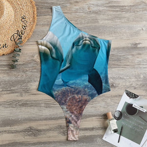 Cute Dolphins In The Ocean Print One Shoulder Bodysuit