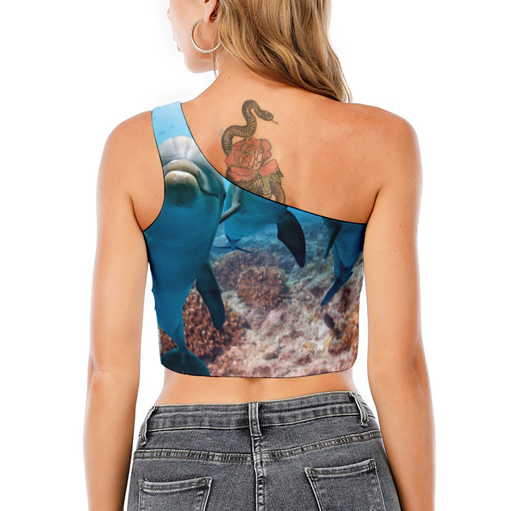 Cute Dolphins In The Ocean Print One Shoulder Crop Top