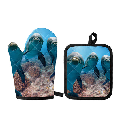 Cute Dolphins In The Ocean Print Oven Mitt And Pot Holder Set