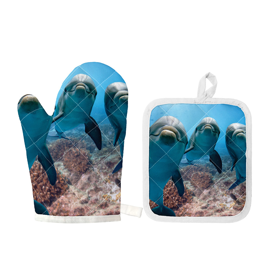 Cute Dolphins In The Ocean Print Oven Mitt And Pot Holder Set