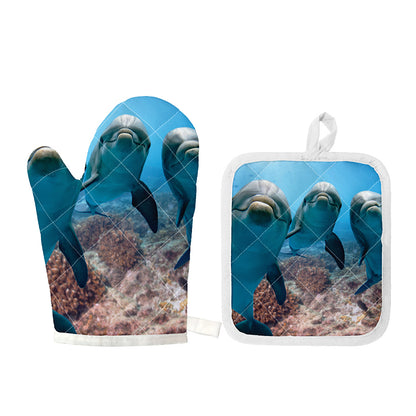 Cute Dolphins In The Ocean Print Oven Mitt And Pot Holder Set