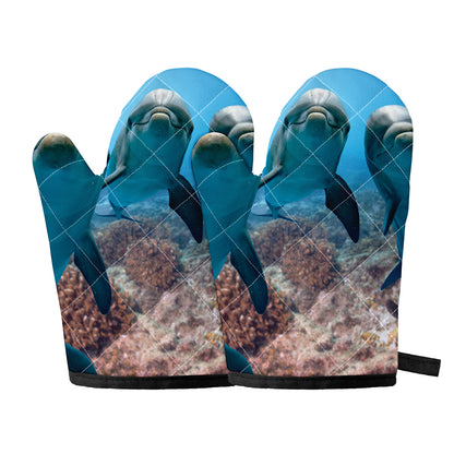 Cute Dolphins In The Ocean Print Oven Mitts