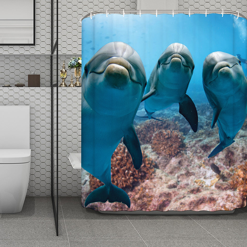 Cute Dolphins In The Ocean Print Polyester Shower Curtain