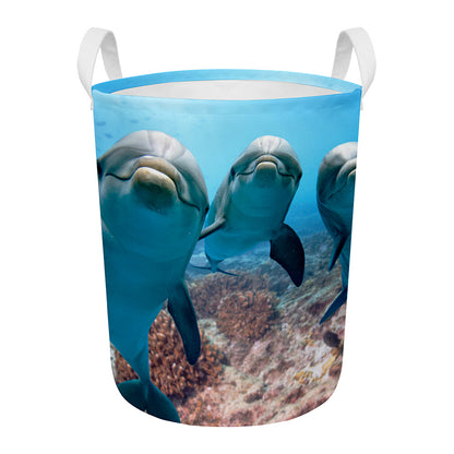 Cute Dolphins In The Ocean Print Round Laundry Basket