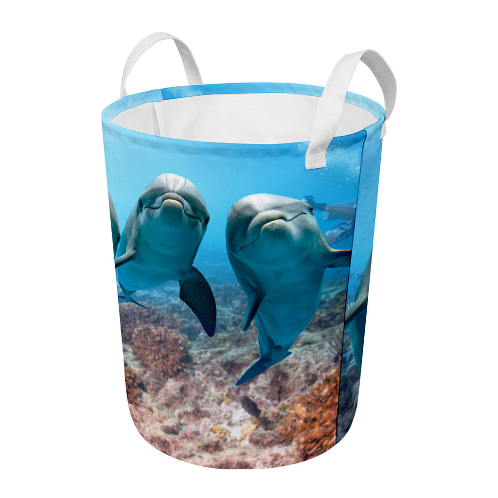 Cute Dolphins In The Ocean Print Round Laundry Basket