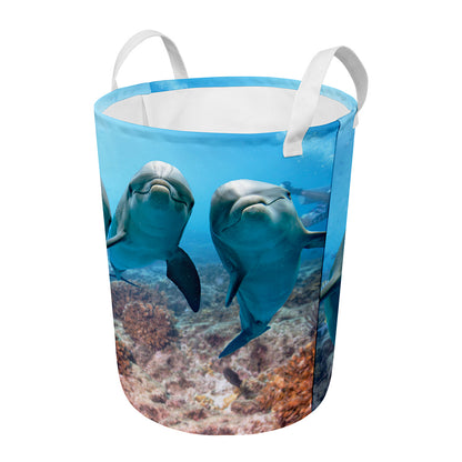 Cute Dolphins In The Ocean Print Round Laundry Basket