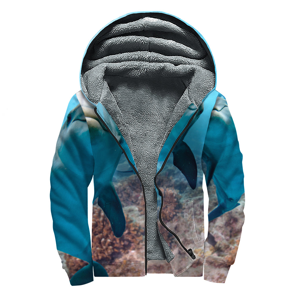 Cute Dolphins In The Ocean Print Sherpa Lined Zip Up Hoodie