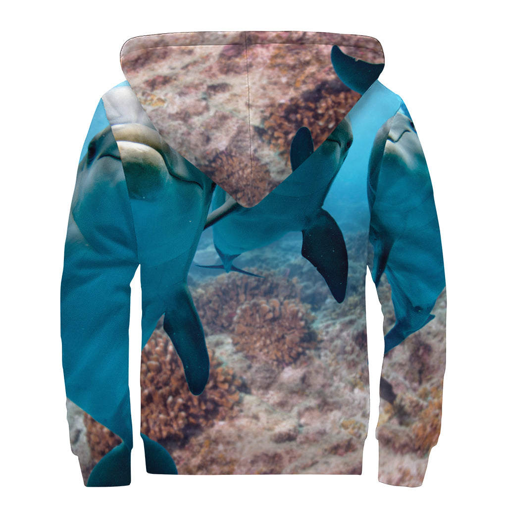 Cute Dolphins In The Ocean Print Sherpa Lined Zip Up Hoodie