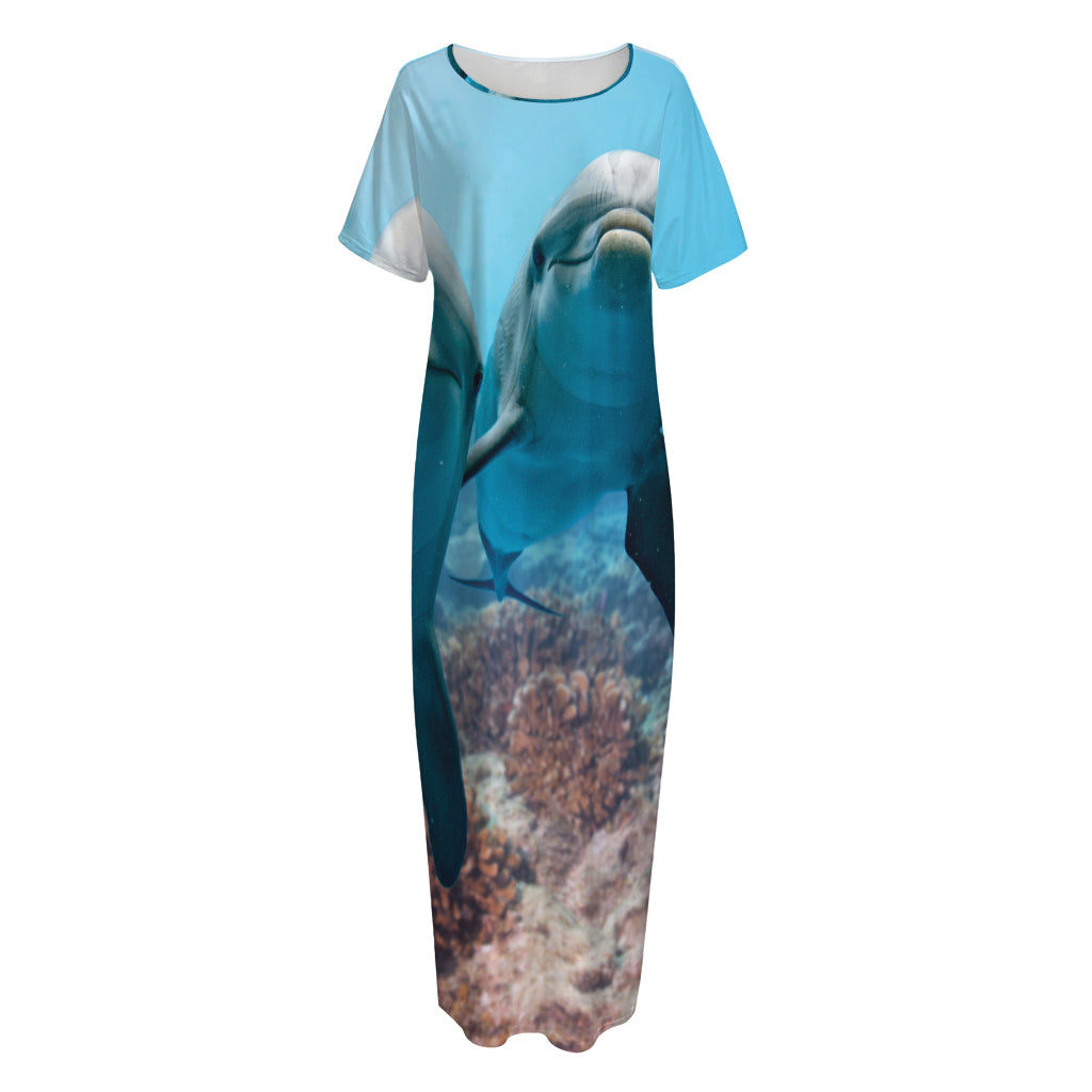 Cute Dolphins In The Ocean Print Short Sleeve Long Nightdress