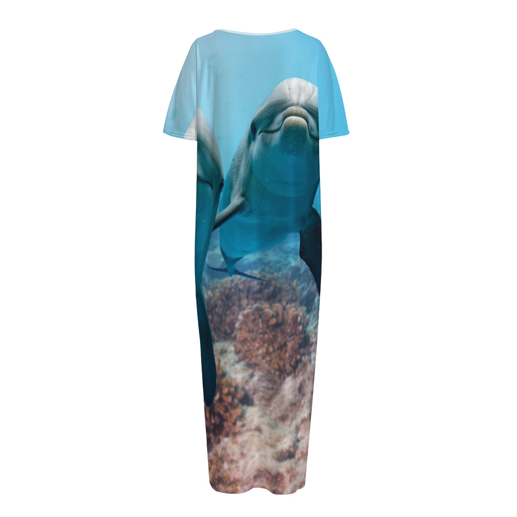 Cute Dolphins In The Ocean Print Short Sleeve Long Nightdress