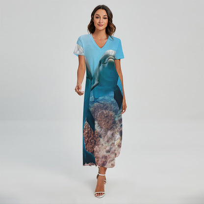 Cute Dolphins In The Ocean Print Short Sleeve Maxi Dress