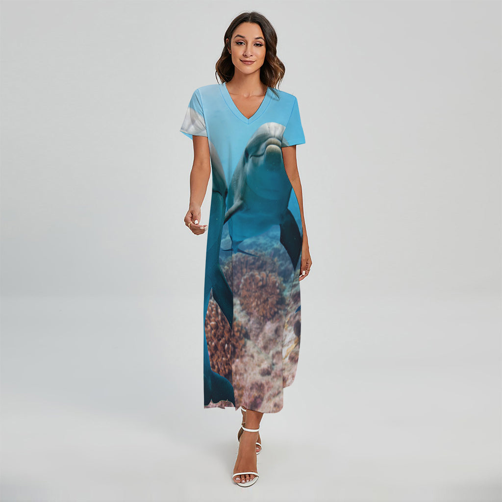 Cute Dolphins In The Ocean Print Short Sleeve Maxi Dress