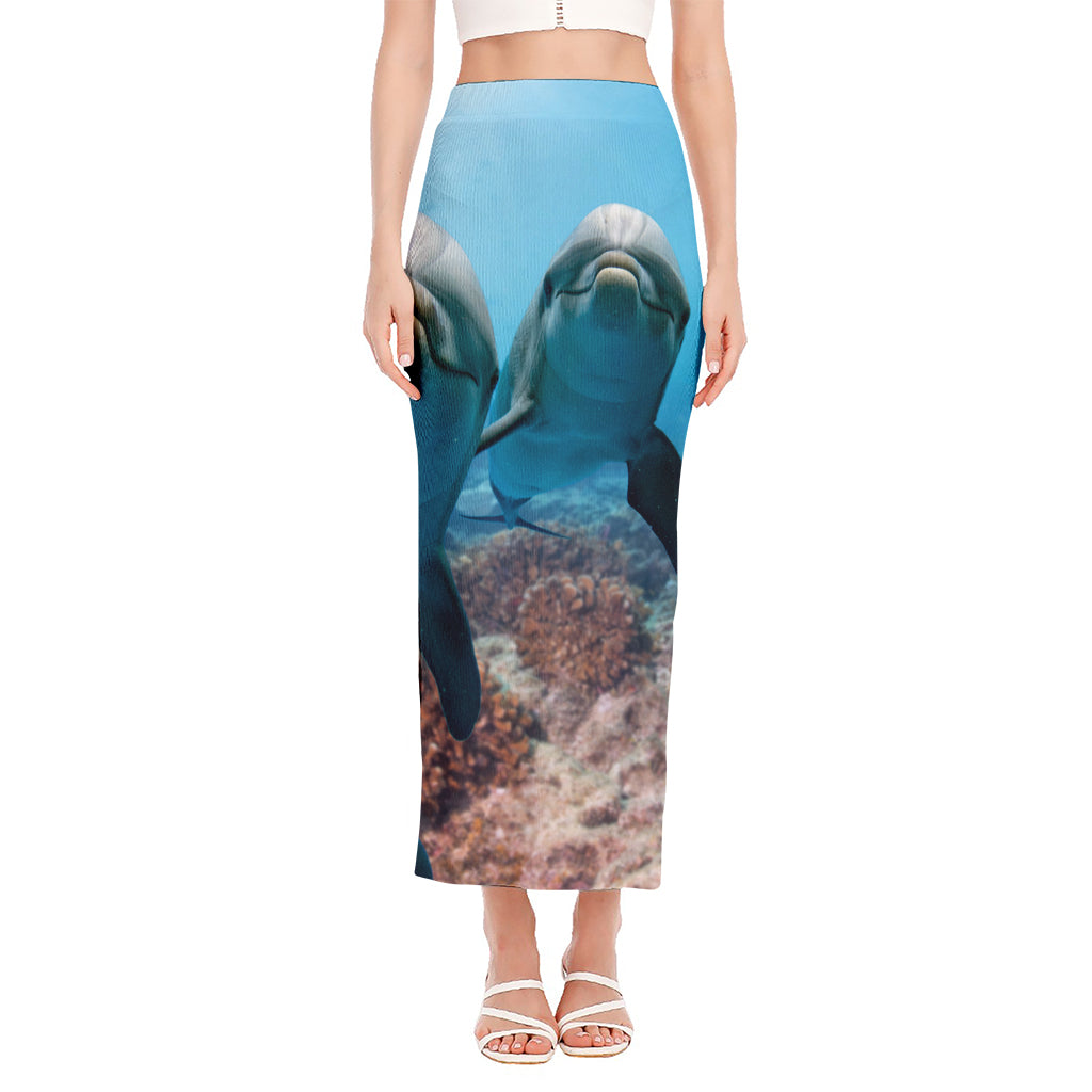 Cute Dolphins In The Ocean Print Side Slit Maxi Skirt