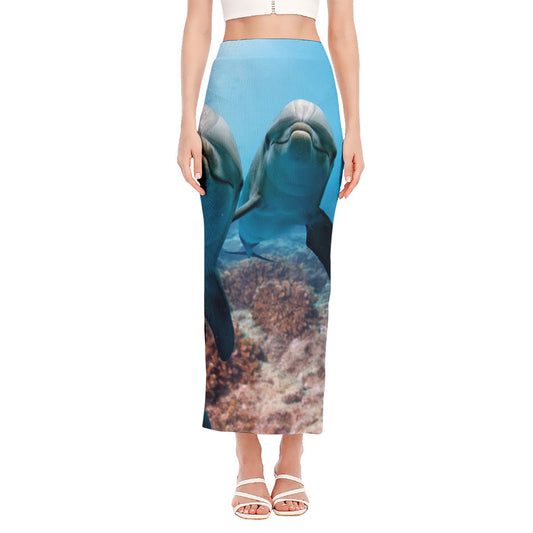 Cute Dolphins In The Ocean Print Side Slit Maxi Skirt