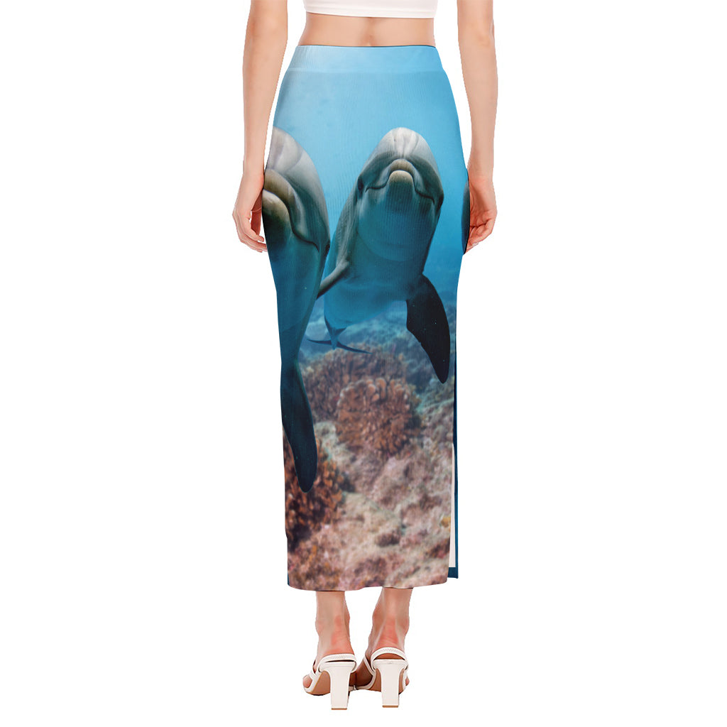 Cute Dolphins In The Ocean Print Side Slit Maxi Skirt
