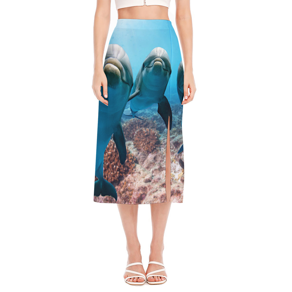 Cute Dolphins In The Ocean Print Side Slit Midi Skirt