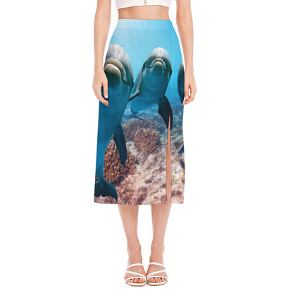 Cute Dolphins In The Ocean Print Side Slit Midi Skirt