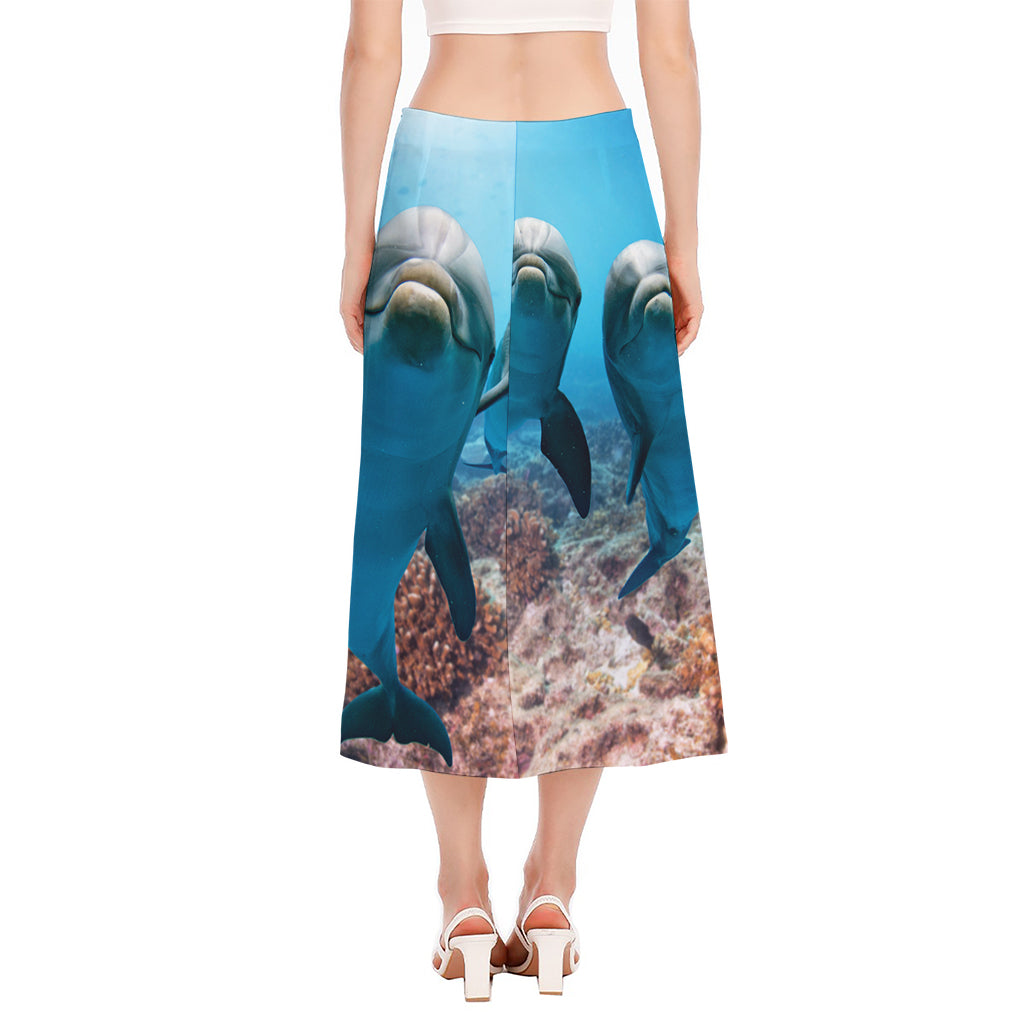 Cute Dolphins In The Ocean Print Side Slit Midi Skirt