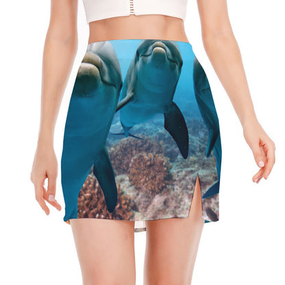 Cute Dolphins In The Ocean Print Side Slit Mini Skirt