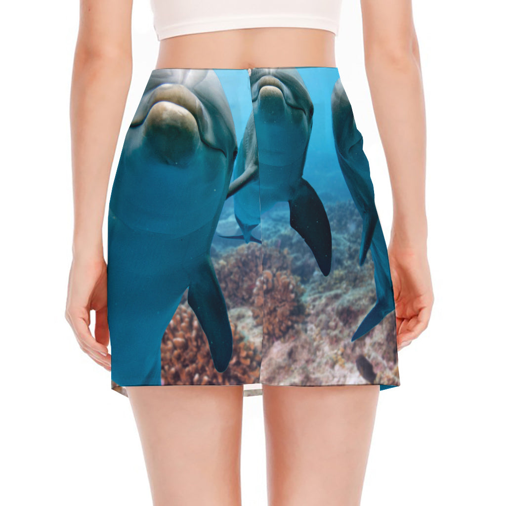 Cute Dolphins In The Ocean Print Side Slit Mini Skirt