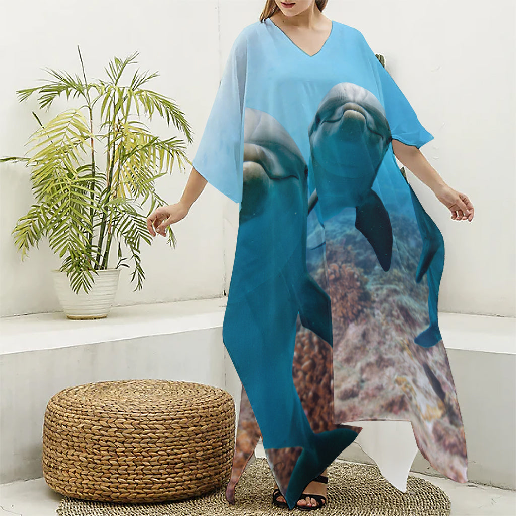 Cute Dolphins In The Ocean Print Silk V-Neck Kaftan Dress