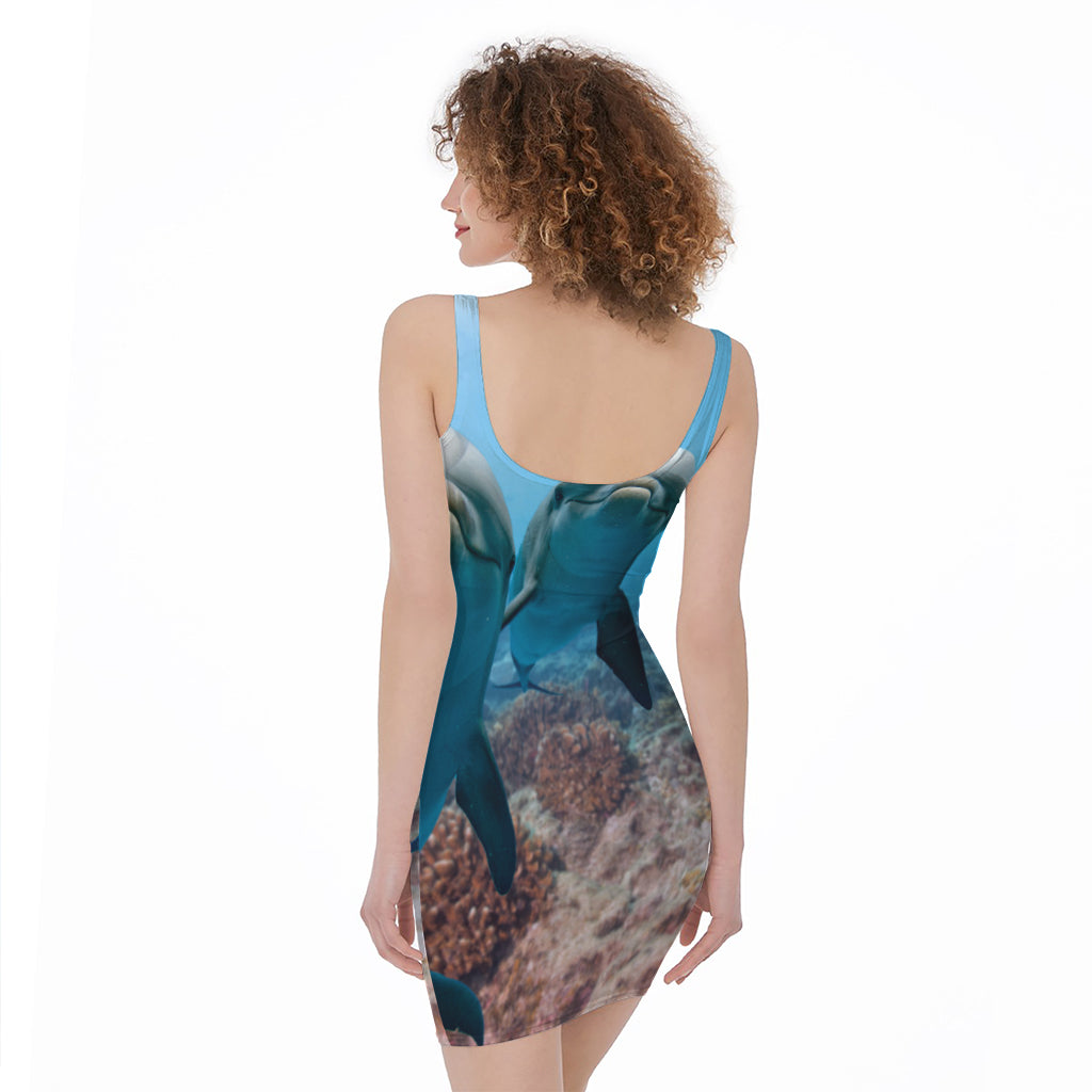 Cute Dolphins In The Ocean Print Sleeveless Bodycon Dress