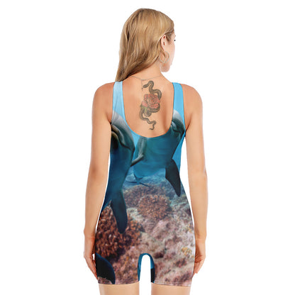 Cute Dolphins In The Ocean Print Sleeveless One Piece Swimsuit