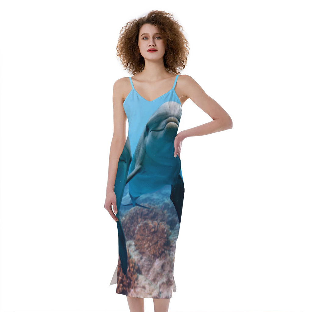 Cute Dolphins In The Ocean Print Slim Fit Midi Cami Dress