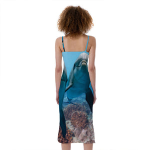 Cute Dolphins In The Ocean Print Slim Fit Midi Cami Dress