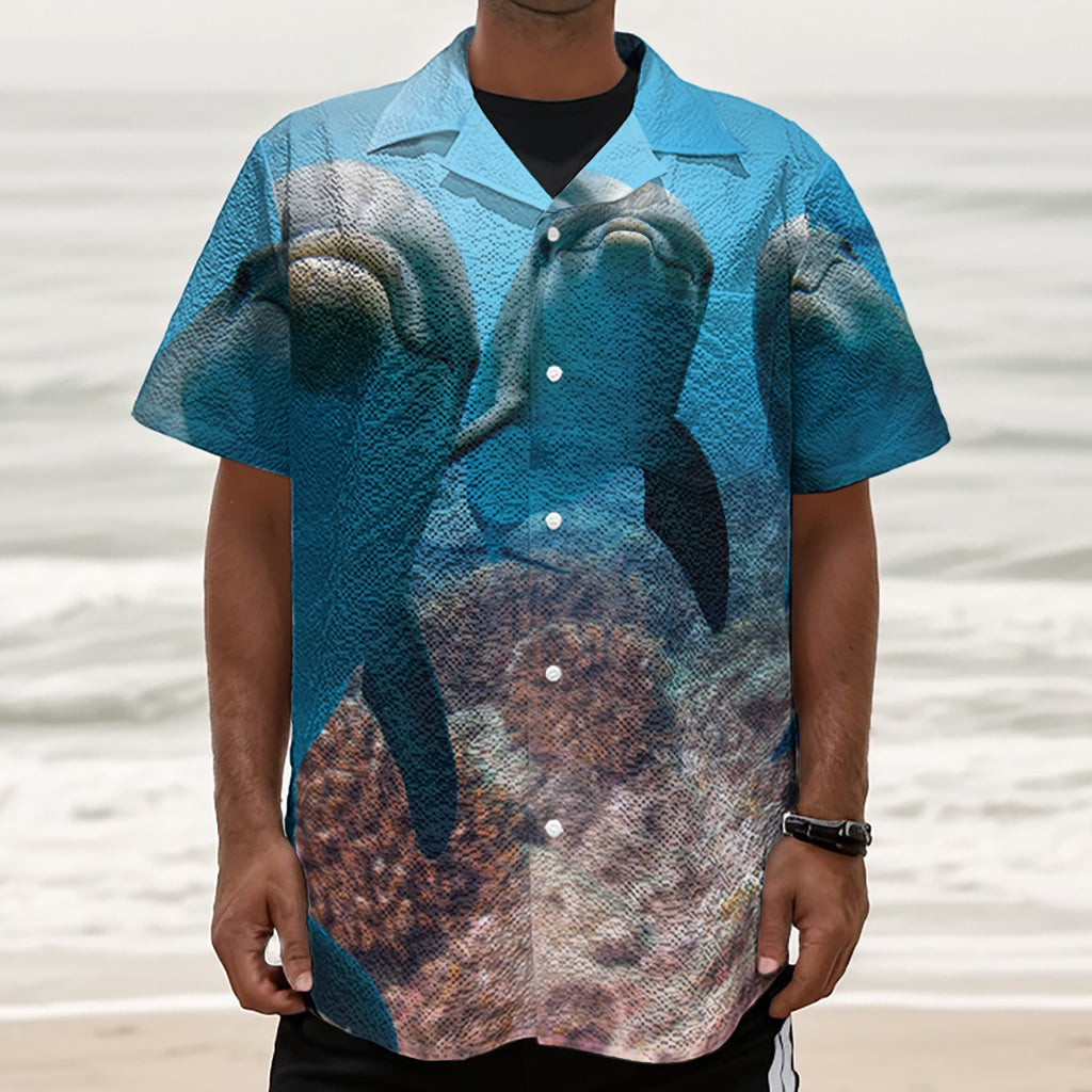 Cute Dolphins In The Ocean Print Textured Short Sleeve Shirt