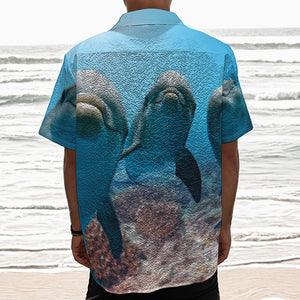 Cute Dolphins In The Ocean Print Textured Short Sleeve Shirt