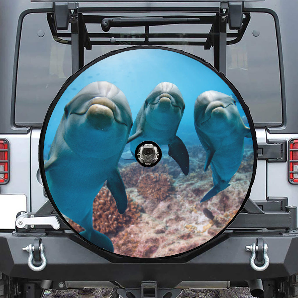 Cute Dolphins In The Ocean Print Tire Cover With Camera Hole