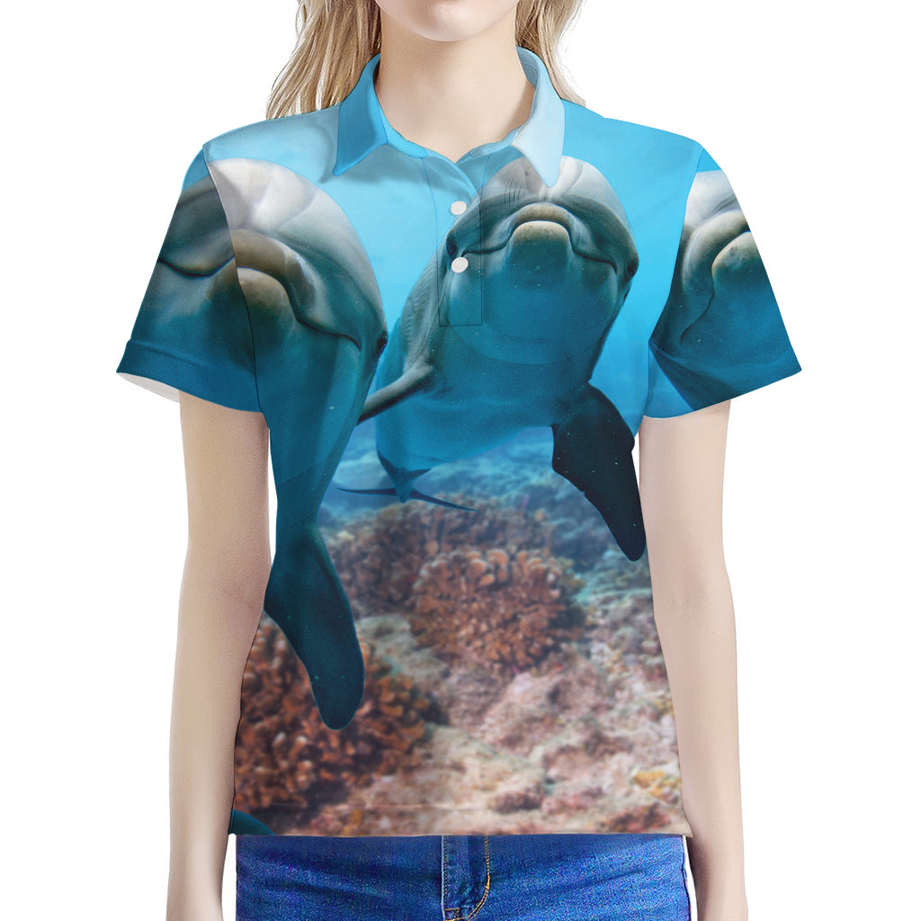 Cute Dolphins In The Ocean Print Women's Polo Shirt