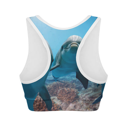 Cute Dolphins In The Ocean Print Women's Sports Bra