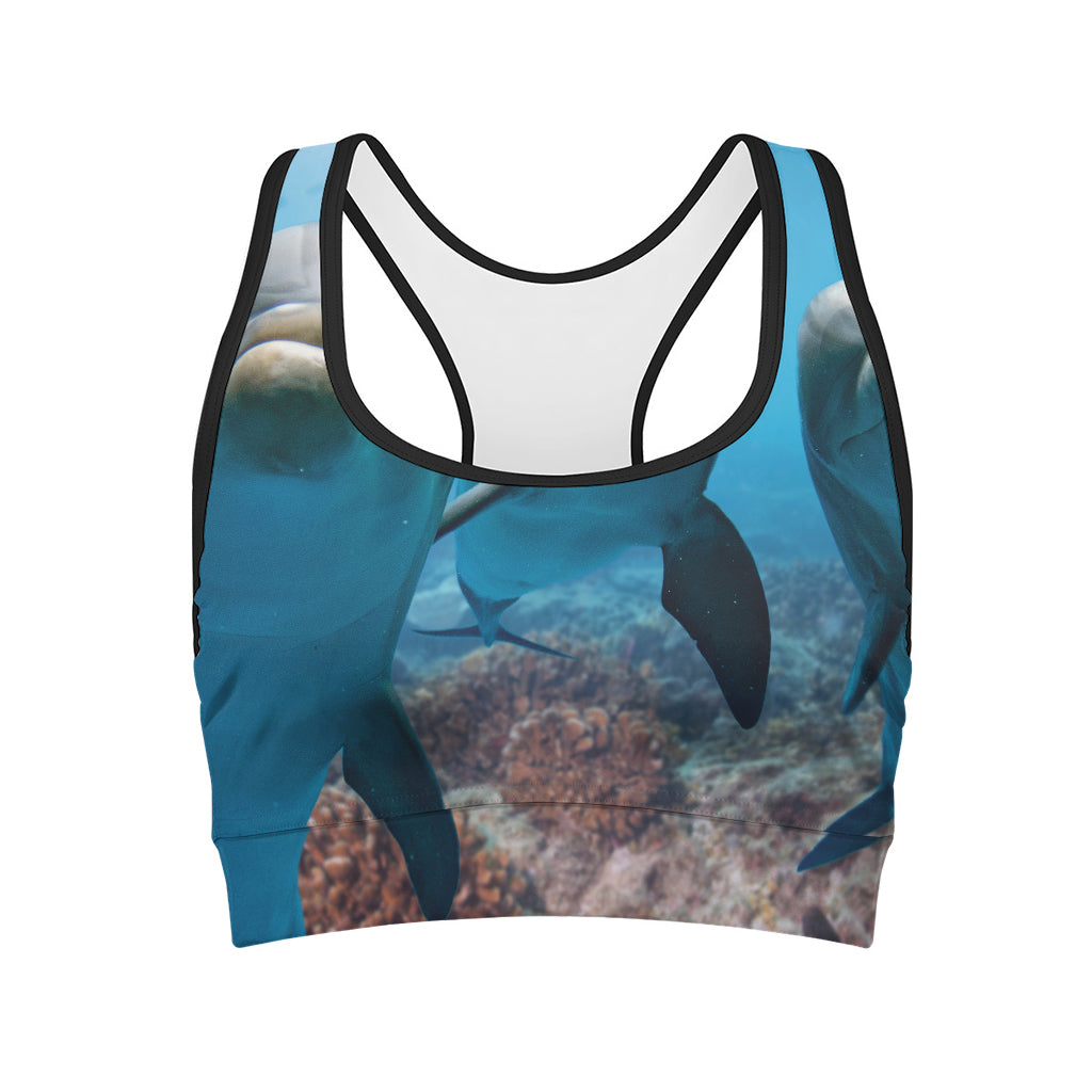 Cute Dolphins In The Ocean Print Women's Sports Bra