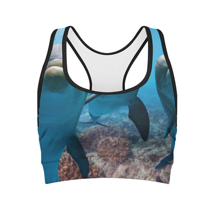 Cute Dolphins In The Ocean Print Women's Sports Bra