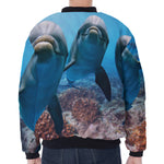 Cute Dolphins In The Ocean Print Zip Sleeve Bomber Jacket