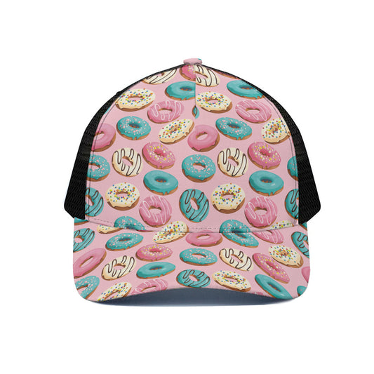 Cute Donut Pattern Print Black Mesh Trucker Cap