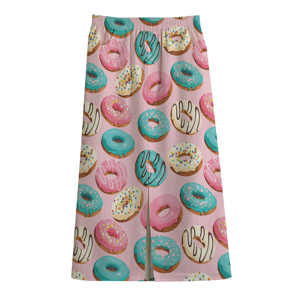 Cute Donut Pattern Print Cotton Front Slit Maxi Skirt