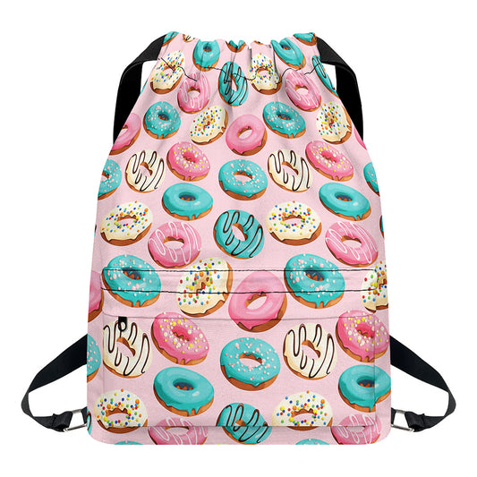 Cute Donut Pattern Print Drawstring Backpack
