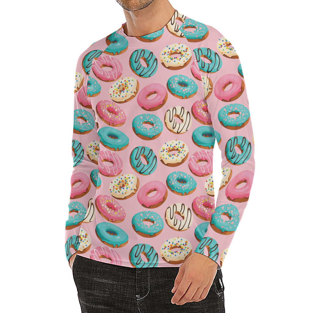 Cute Donut Pattern Print Men's Long Sleeve Rash Guard